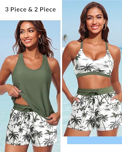 Side-by-side comparison of a model wearing the green 3-piece tankini swimsuit with the tank top on vs. off to showcase the athletic sports bra.