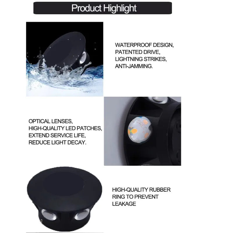 Technical highlights infographic showing the waterproof design, optical lenses with high-quality Cree LED, and leak-proof rubber ring of the outdoor wall light.