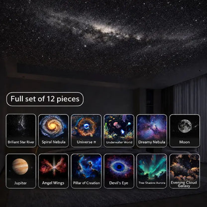 An overview showing the full set of 12 distinct space and ocean scenery projection slides displayed on a master bedroom ceiling.