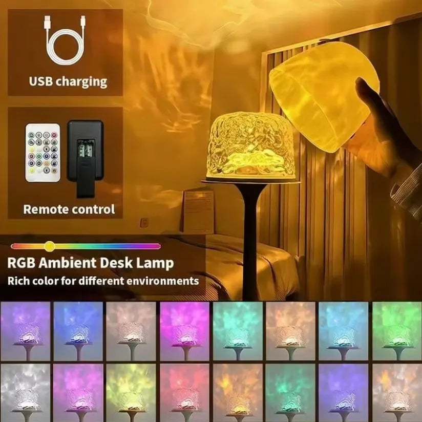 16-color RGB ambient desk lamp with remote control, USB charging and ocean wave projection effect