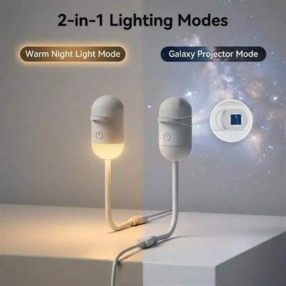 A product demonstration of the dual-use modes showing the warm white night light mode on the left and the galaxy planetarium projection mode on the right.