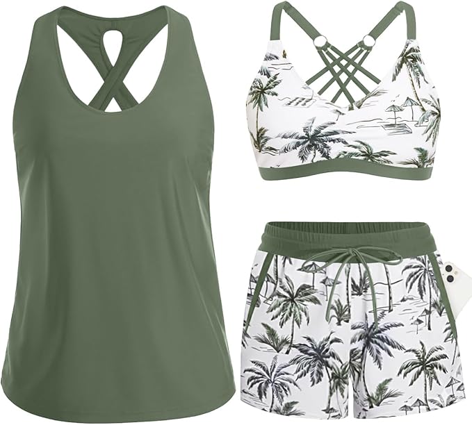 Flat-lay view of a 3-piece swimsuit set in army green and palm tree print, including a tank top, sports bra, and pocketed boy shorts.