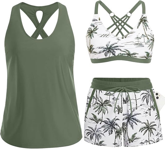 Flat-lay view of a 3-piece swimsuit set in army green and palm tree print, including a tank top, sports bra, and pocketed boy shorts.