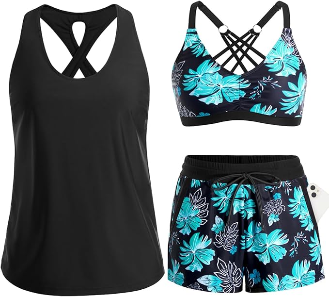 Product layout of a 3-piece athletic bathing suit in black and blue floral print with a phone peeking out of the swim shorts pocket.