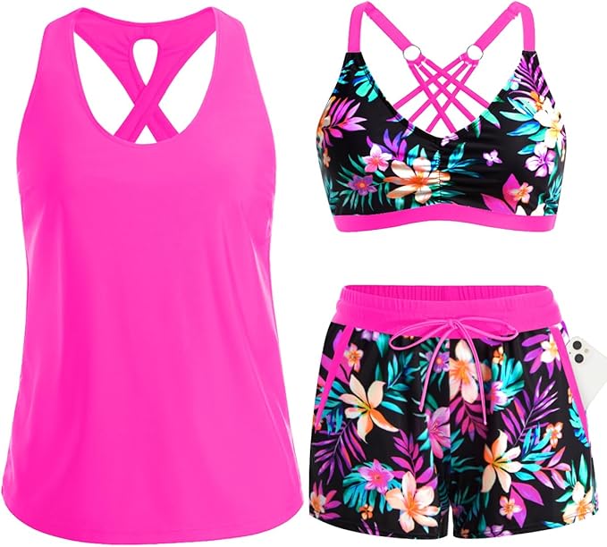 Product mockup of a vibrant fuchsia pink 3-piece swimsuit set with a colorful tropical floral print.