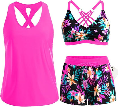 Product mockup of a vibrant fuchsia pink 3-piece swimsuit set with a colorful tropical floral print.