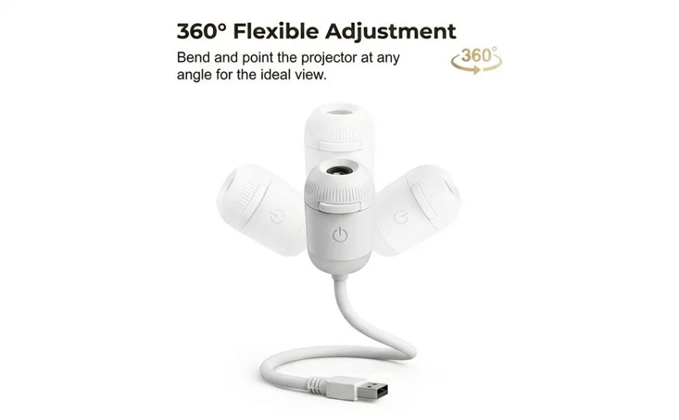 An infographic demonstrating the 360-degree flexible gooseneck neck of the white LED projector being adjusted to different angles.