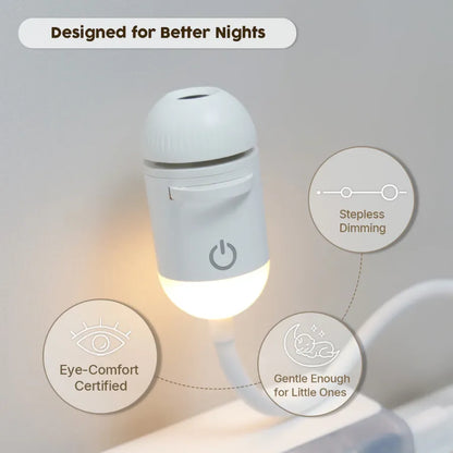An infographic showing a white USB night light projector featuring eye-comfort certification, stepless dimming, and gentle light suitable for babies.