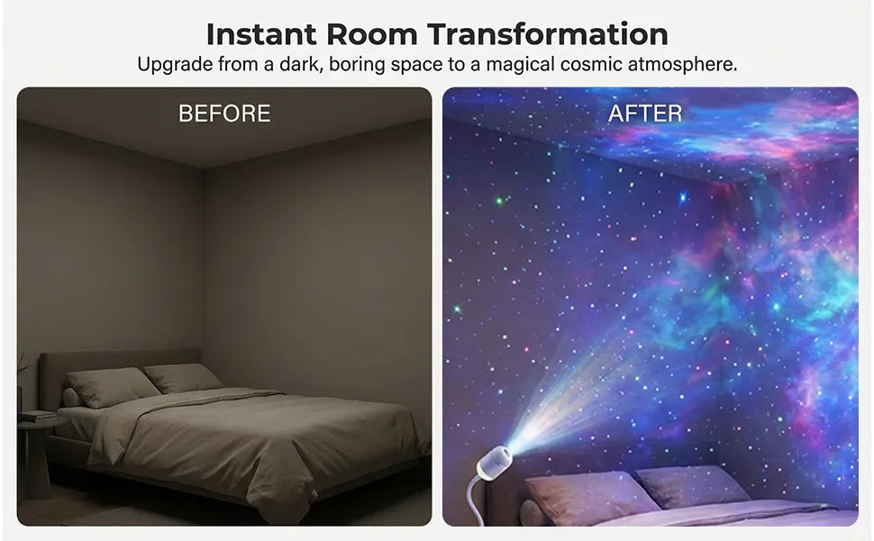 A before-and-after comparison of a dark bedroom transforming into a vibrant, colorful nebula and galaxy sensory room.