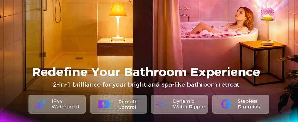 Rechargeable LED shower lamp with dual modes, bright white light and relaxing ocean wave projection for home use