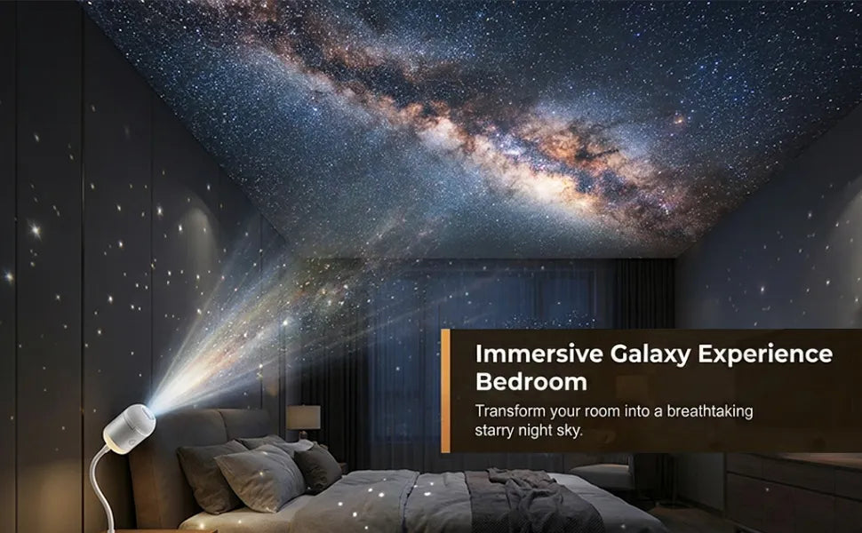 An illuminated bedroom ceiling showing a vast galaxy and starry sky projected by a mini USB bedside lamp.