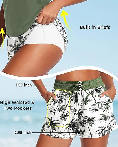 Detail shots of the high-waisted swim shorts showing the built-in briefs lining, drawstring waistband, and dual side pockets.