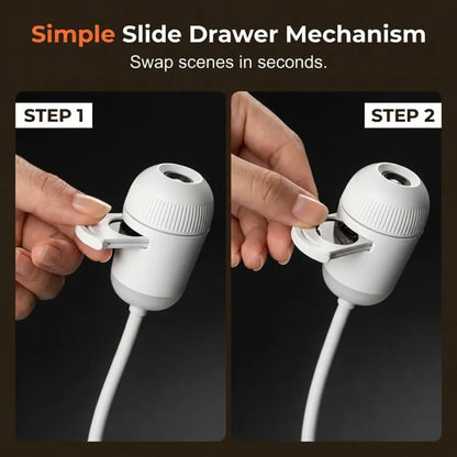 A step-by-step visual guide showing a hand using the simple slide drawer mechanism to swap scenery films on the mini projector.