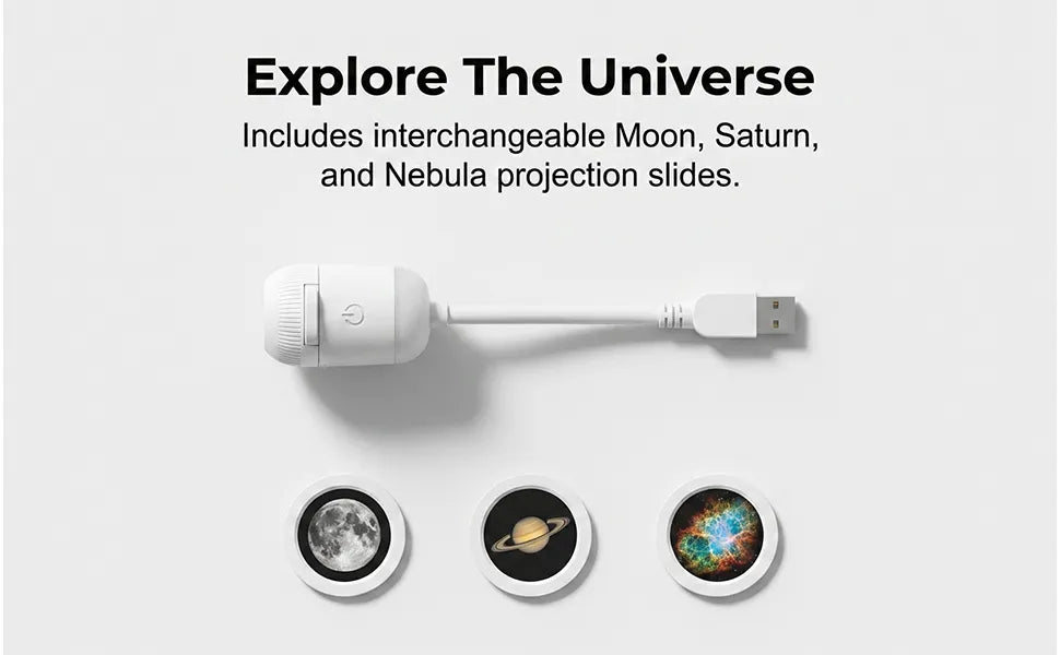 The white USB galaxy projector laid flat next to three swap-in projection slides featuring the Moon, Saturn, and a colorful nebula.