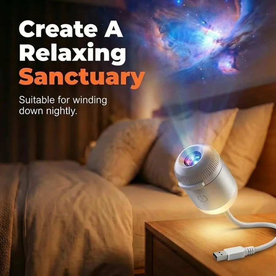 An aesthetic view of the mini LED galaxy projector sitting on a wooden bedside table, casting a relaxing nebula projection on the wall.