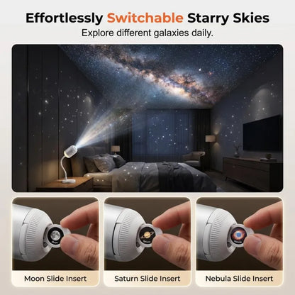 A spacious bedroom decorated with a wide-angle milky way projection, highlighting the easy-to-swap Moon, Saturn, and Nebula slide inserts.