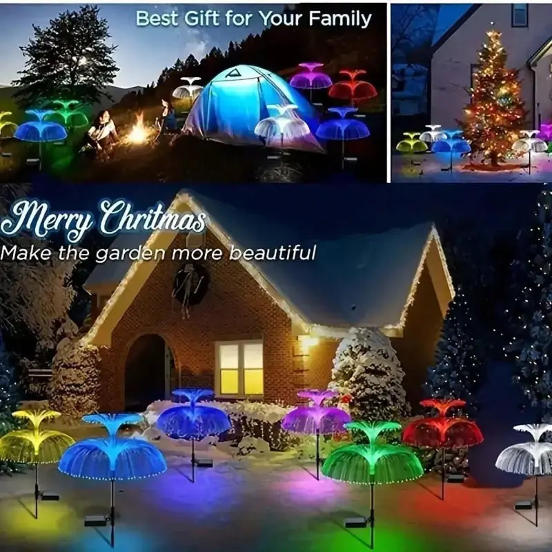 A collage showing solar jellyfish lights used for family camping, Christmas tree decorations, and holiday garden landscapes.