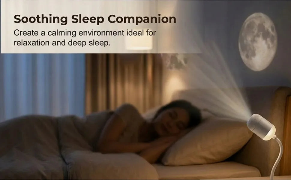 A woman sleeping peacefully in a dark room under a gentle moon projection cast onto the wall by a bedside night light.
