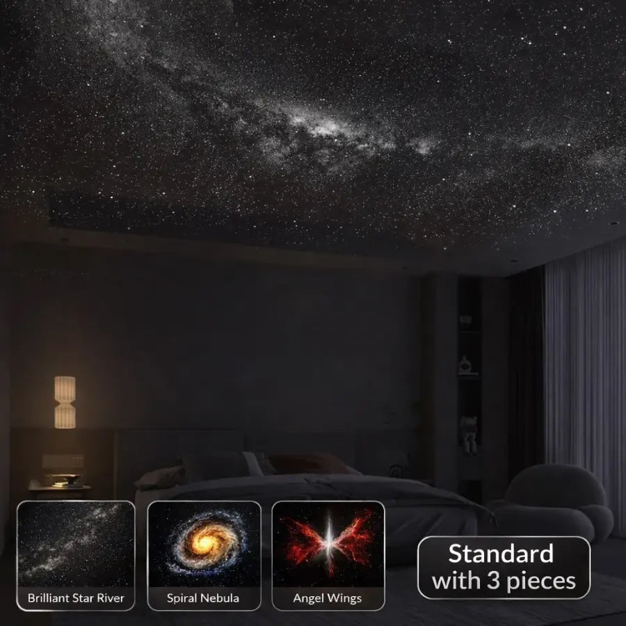 A cozy bedroom ceiling lit up by three standard projection scenes: Brilliant Star River, Spiral Nebula, and Angel Wings.