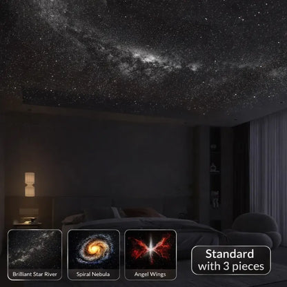 A cozy bedroom ceiling lit up by three standard projection scenes: Brilliant Star River, Spiral Nebula, and Angel Wings.
