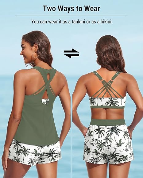 Back views demonstrating how to wear the 3-piece swimsuit as a full-coverage tankini with a green tank top or as a sporty bikini.