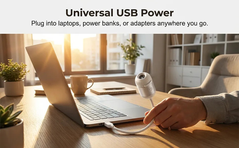A compact white star projector night light plugged into a laptop USB port on a sunny work desk, demonstrating portable power compatibility.