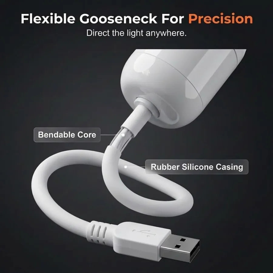 An anatomical infographic of the USB galaxy projector showing the flexible gooseneck with a bendable metal core and soft silicone casing.