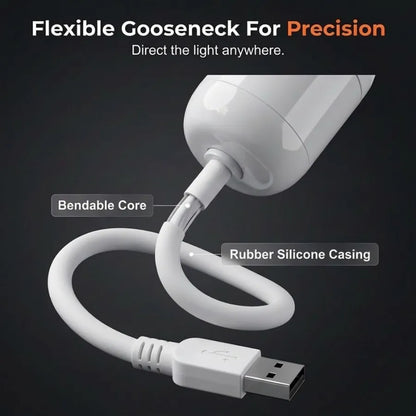 An anatomical infographic of the USB galaxy projector showing the flexible gooseneck with a bendable metal core and soft silicone casing.