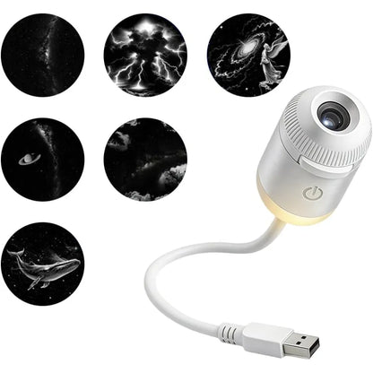 A studio shot of the white USB-powered star projector lamp with its flexible neck, surrounded by six round galaxy and fantasy preview slides.