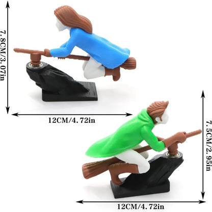 A size chart showing the dimensions of the witch and wizard dashboard drift ornaments, with measurements in centimeters and inches.