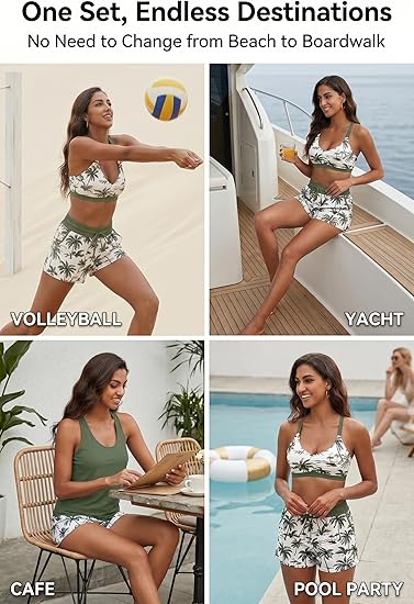 Four-panel lifestyle collage showing a model wearing a 3-piece tankini swimsuit for beach volleyball, yacht cruising, cafe lounging, and a pool party.